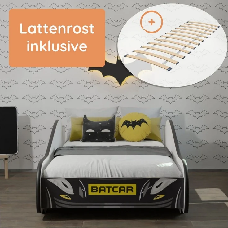 Kids Collective Autobett 70x140 und 80x160 cm Kinderbett Jugendbett mit Rausfallschutz (Spielbett Batman Batmobil Bat Car Auto), Kinderbett 70x140 cm mit Lattenrost - für Kinder ab 2 Jahren – Bild 3