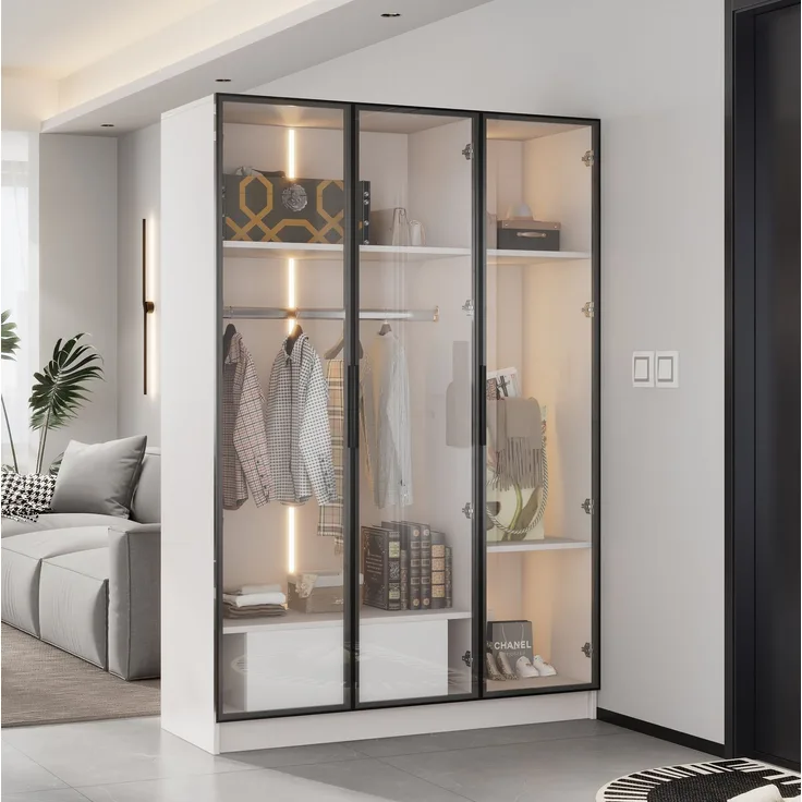 Kleiderschrank aus Spanplatte mit 3 Glastüren, Schublade & Kleiderstange, 110x50x160 cm, Weiß