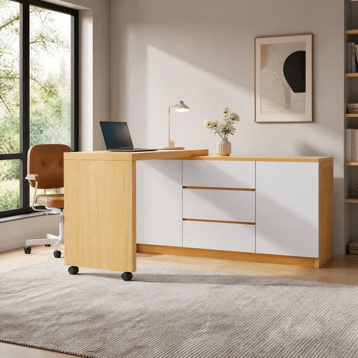 Schreibtisch B 120 x T 50 x H 76,5 cm, 360° drehbar, mit Stauraum, Eiche/Weiß – Bild 1