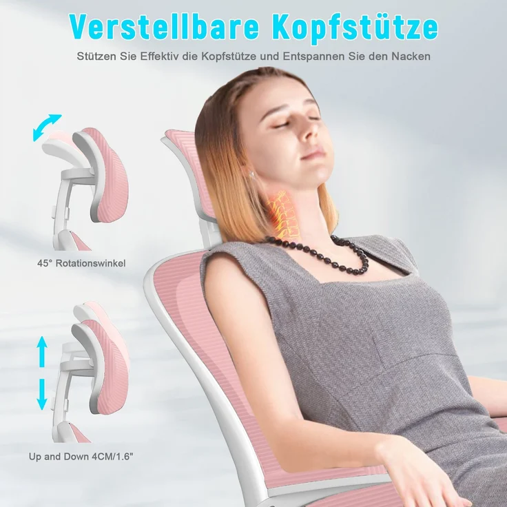 Botifly Ergonomischer Bürostuhl mit Kopfstütze, Mesh-Gewebe, Rosa, 90°-120° Wippfunktion, 10 cm Höhenverstellbar, 52 x 26 x 57 cm – Bild 6