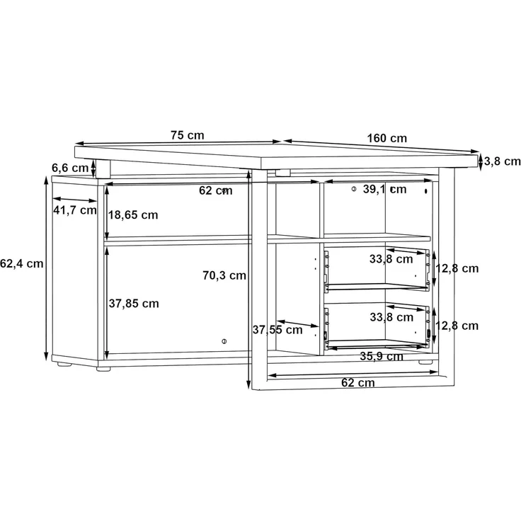 Forte KEFLAVIK Schreibtisch mit Schrank 120 130, modernes Büromöbel mit 2 Türen und 2 Schubladen, Weiß | Artisan Eiche Holzdekor, 124,2 cm breit x 74,1 cm hoch x 181 cm tief – Bild 2