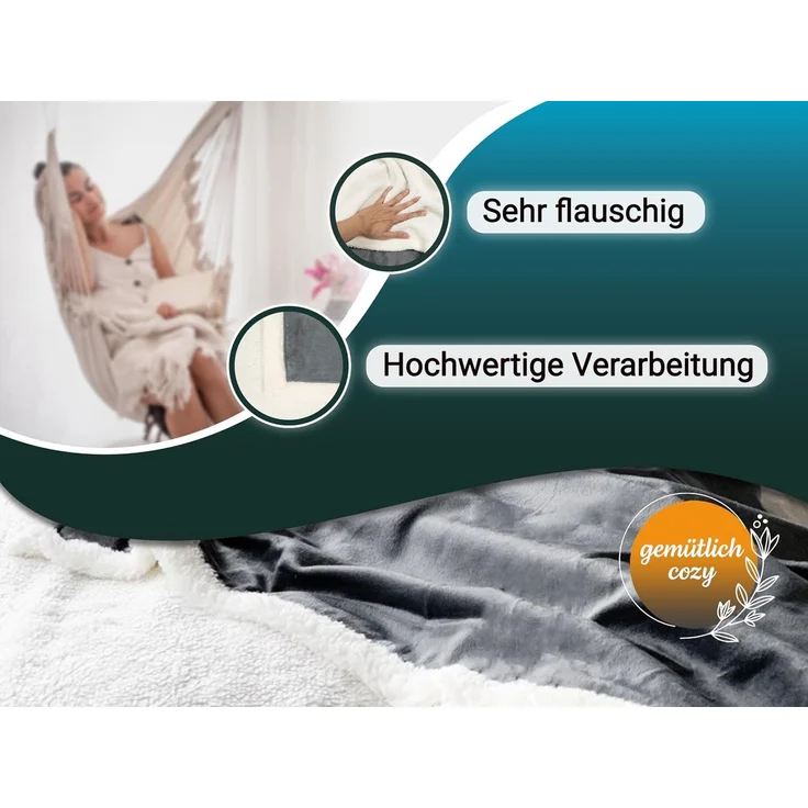 ZOLLNER Kuscheldecke, Wendedecke, mit Lammfellimitat, grau, 220x240 cm – Bild 4