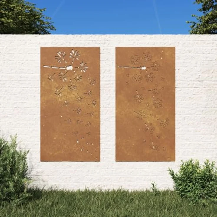 vidaXL 2-tlg. Garten-Wanddeko 105x55 cm, Cortenstahl mit Blumen-Design, wetterfest und korrosionsbeständig – Bild 2