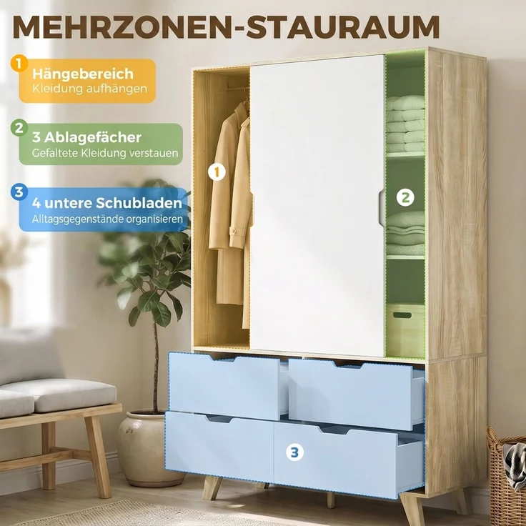 HOMCOM Kleiderschrank, MDF, Kiefernholz, Eiche+Weiß, 120 x 50 x 187,5 cm – Bild 4