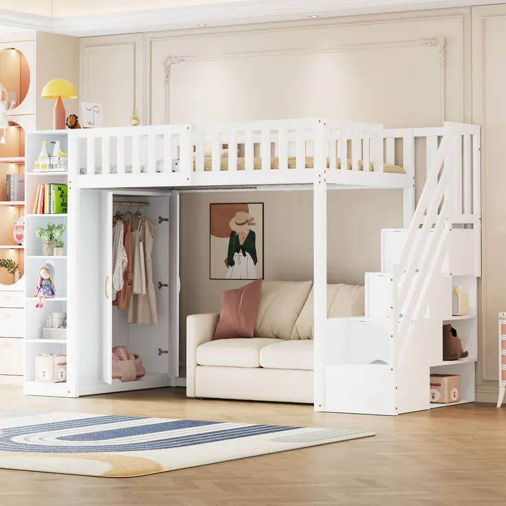 Multifunktionales Hochbett 90x200 cm mit Kleiderschrank, Regalen & Leiter in Weiß, ohne Matratze