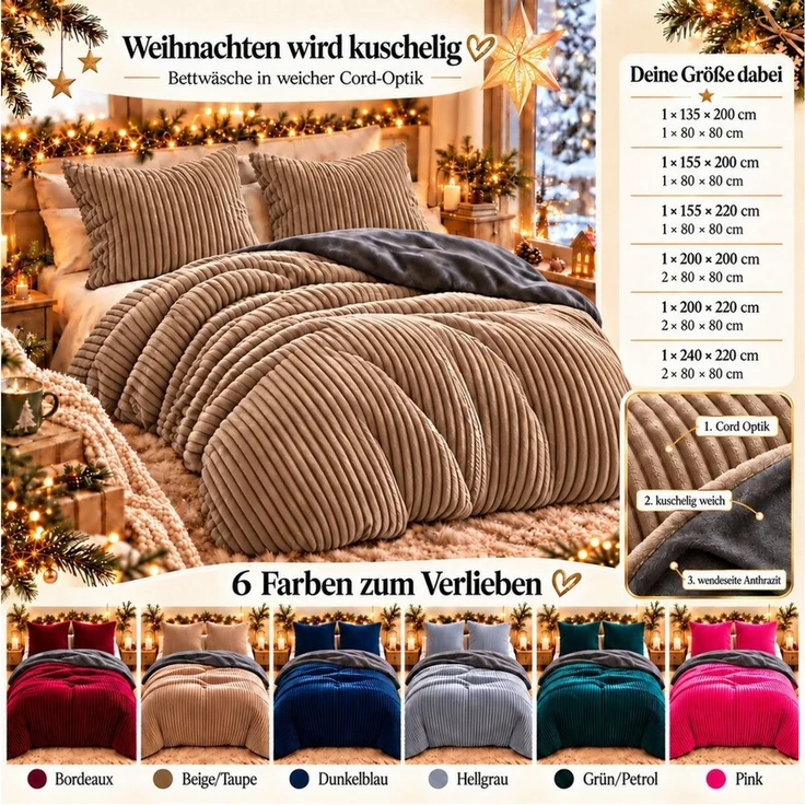 Leonado Vicenti Bettwäsche CORD Optik, Teddy Plüsch, Cashmere Touch, Fleece, 2 teilig, Winter, Wendeseite Anthrazit, flauschig, warm, Nicky-Plüsch – Bild 2