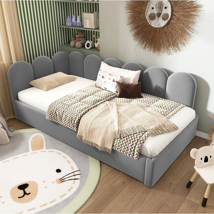 Daybett 90x200 cm mit Ausziehbett 90x190 cm – gepolstertes Kinderbett aus Samt in Grau – Bild 3