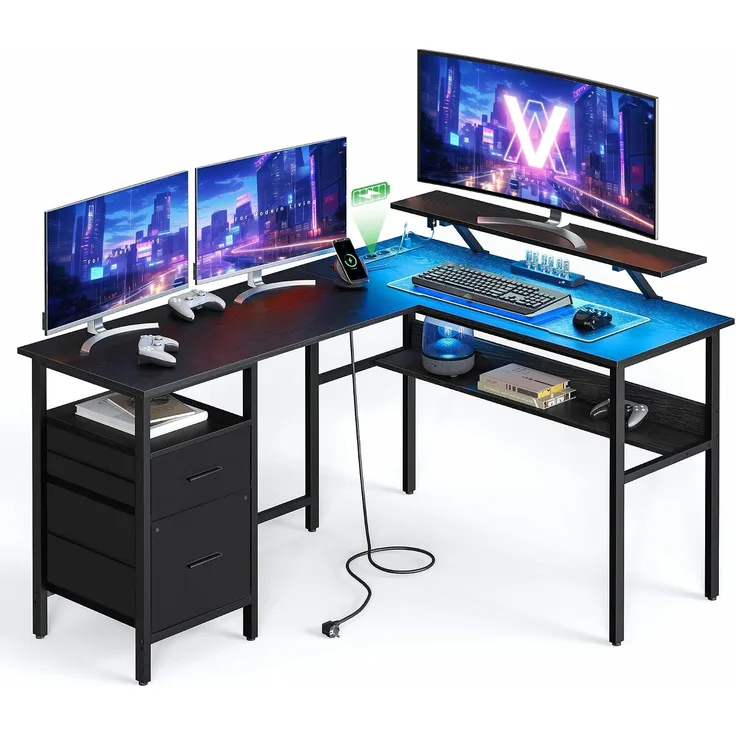 Vasagle L-förmiger Schreibtisch mit Steckdosen, Eckschreibtisch, Computertisch, Monitorständer, Gaming-Tisch, LED-Beleuchtung, USB-Anschlüsse, einfache Montage, Homeoffice, ebenholzschwarz von Songmics