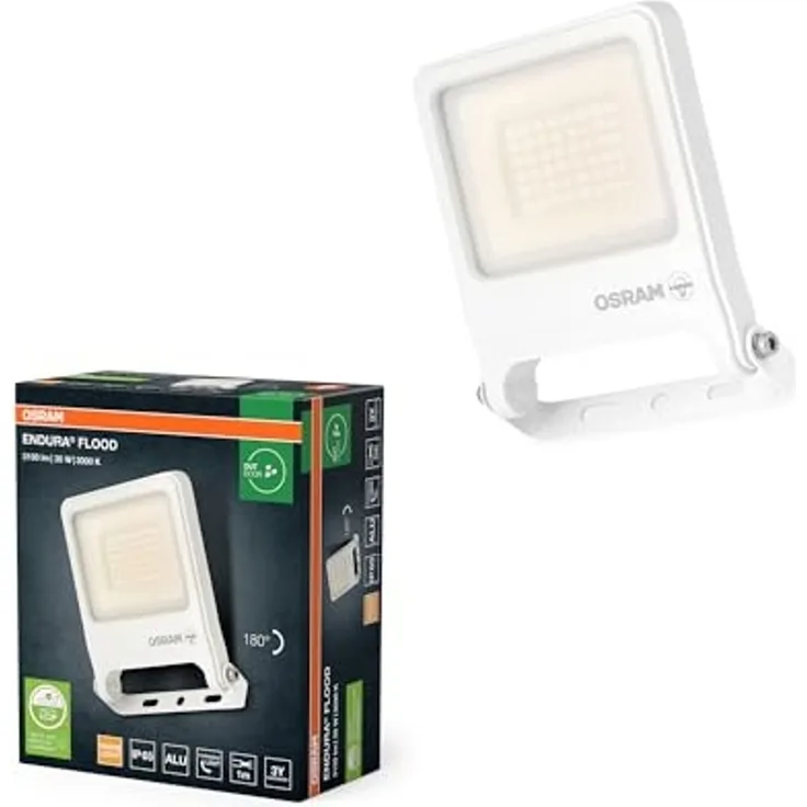 Osram ENDURA FLOOD PC 30W LED-Fluter, 3000K warmweiß, 3000 Lumen, IP65 weißes Flutlicht, recyceltes Material, 180° schwenkbar, Weiß