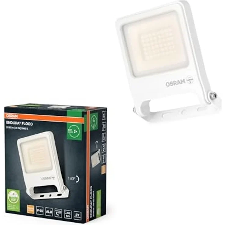 Osram ENDURA FLOOD PC 30W LED-Fluter, 3000K warmweiß, 3000 Lumen, IP65 weißes Flutlicht, recyceltes Material, 180° schwenkbar, Weiß – Bild 1