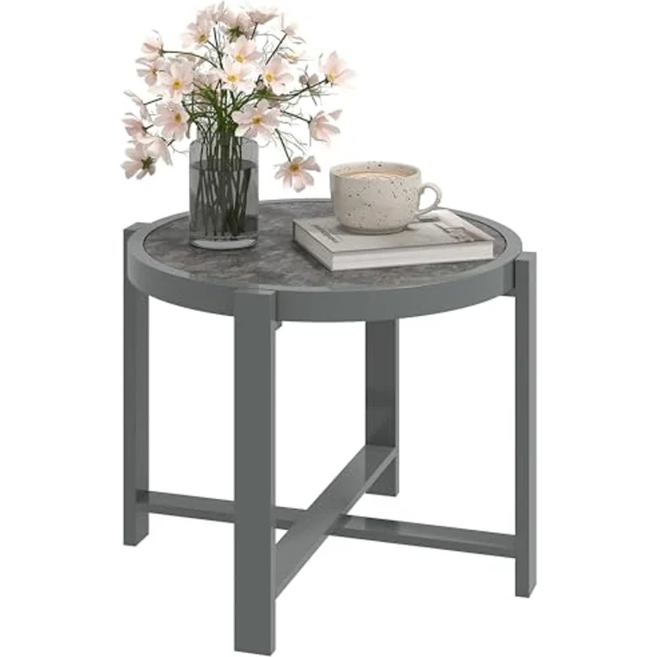 Outsunny Gartentisch mit Marmoroptik (rund Beistelltisch, 1-St, wetterfest Balkontisch aus Aluminium), für Wohnzimmer Büro Outdoor Indoor Grau – Bild 1