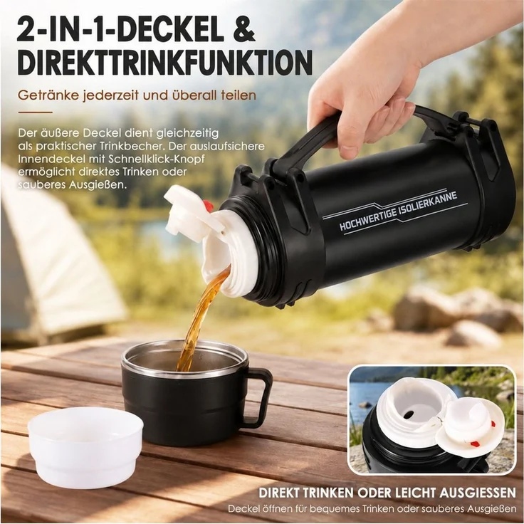 BlingBin Isolierflasche Thermosflasche 2L, Doppelwandige Trinkflasche Isolierte Edelstahl, mit Trinkbecher, Tragegriff und Schultergurt für Camping & Outdoor – Bild 3