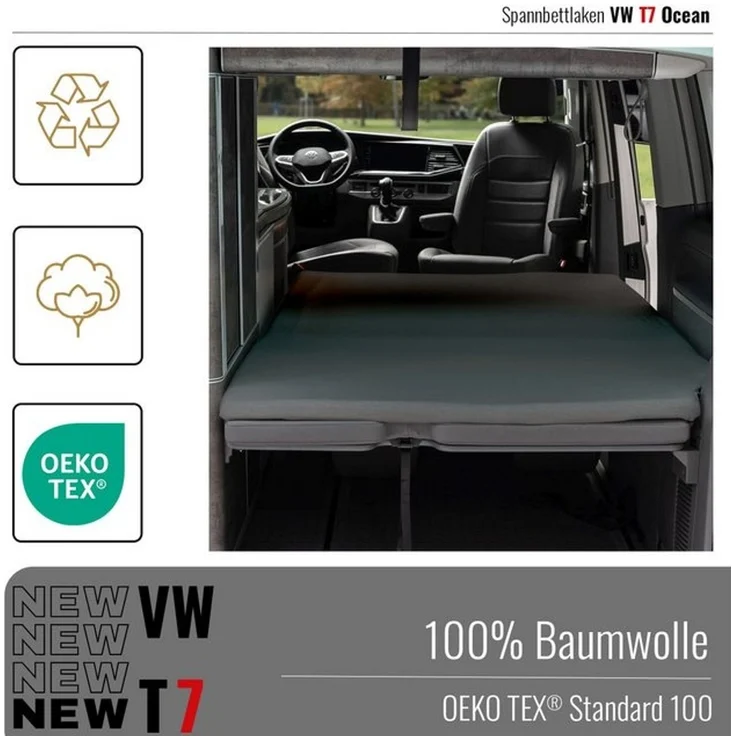 BLACK FOREST FOX Spannbettlaken VW Faltbett T7 California Beach OEKO-TEX® Grau Camper Van, Baumwolle, Gummizug: rundum – Bild 4