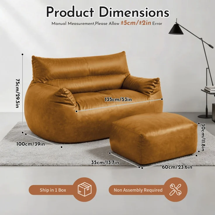 Doppel-Sitzsack mit Fußhocker, weicher Loungesitz mit Memory-Schaumflocken ohne Montage für Wohn- und Schlafzimmer, Braun – Bild 8