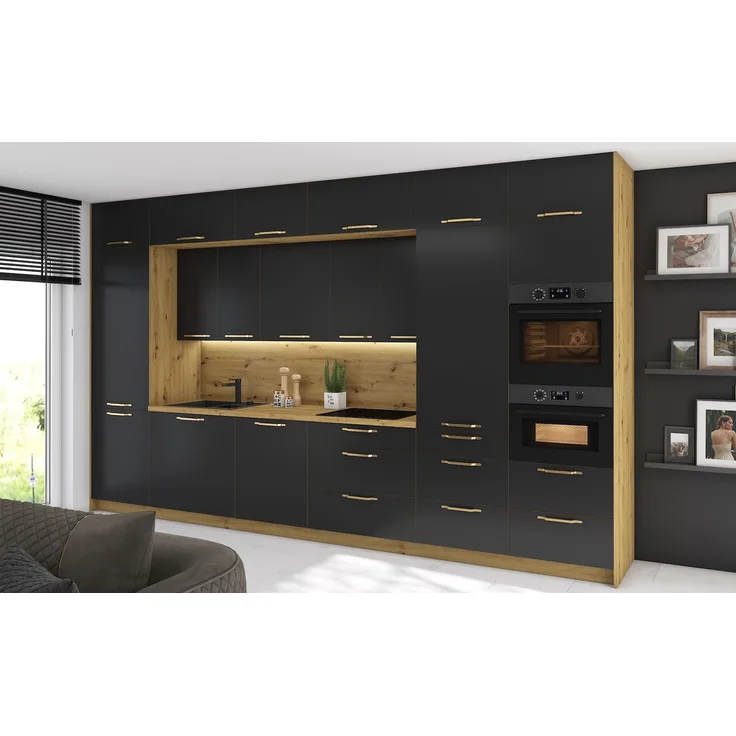 Küchenzeile Bonn Einbauküche 404cm HETTICH Vollauszug Eiche Artisan schwarz