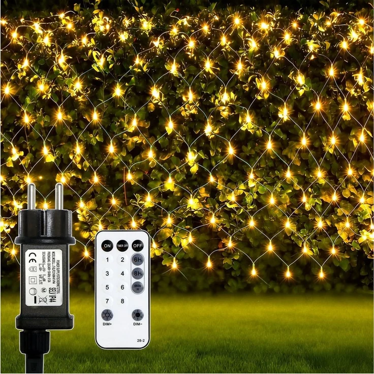 OZAVO LED-Lichternetz 3x2m,200 LED Lichterkette Außen mit Fernbedienung & Timer & 8 Modi, 200-flammig, Wasserdicht Lichternetz Innen für Büsche, Garten, Balkon und Zimmer – Bild 1