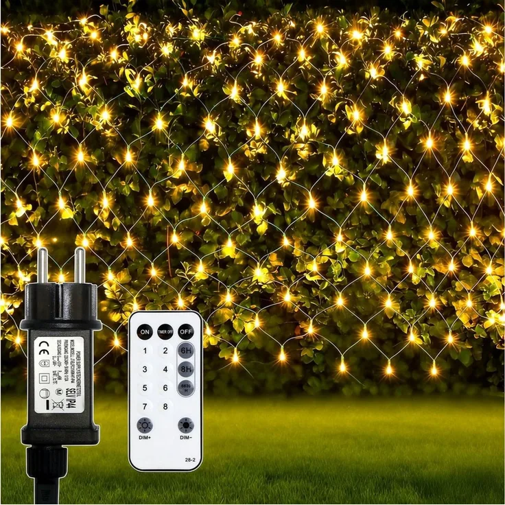 OZAVO LED-Lichternetz 3x2m,200 LED Lichterkette Außen mit Fernbedienung & Timer & 8 Modi, 200-flammig, Wasserdicht Lichternetz Innen für Büsche, Garten, Balkon und Zimmer
