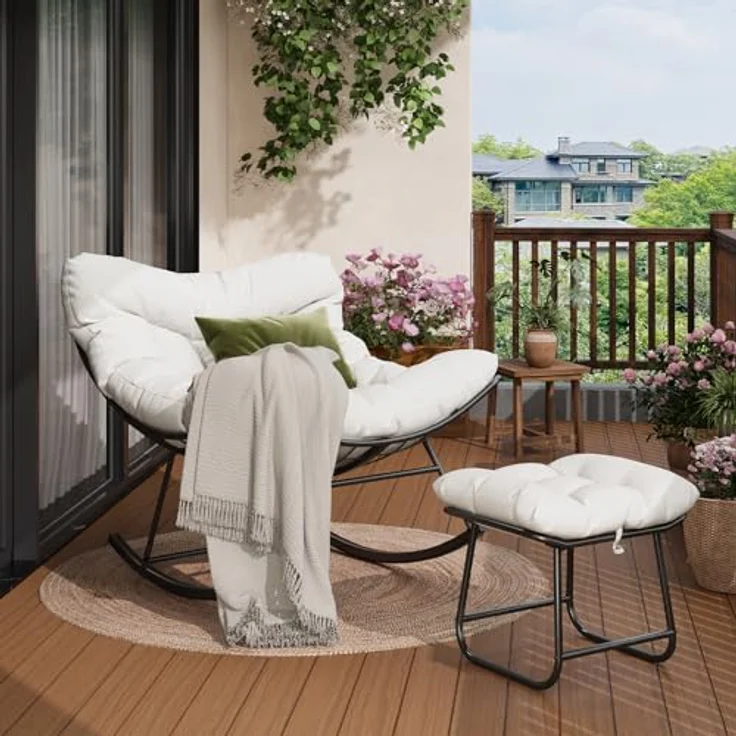GarveeHome Schaukelstuhl Oversized mit Fußhocker, Schaukelsessel mit dickem Kissen & Metallrahmen, Relaxsessel für Poolside, Garten und Hinterhof, Tragfähigkeit – Bild 8