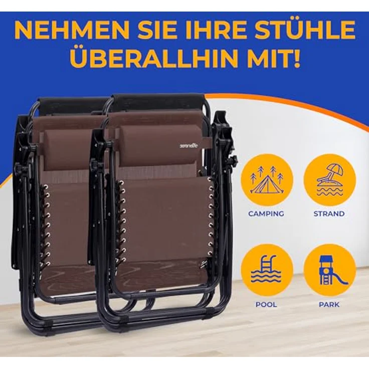 SereneLife Sonnenliege Klappbar, Gartenliege Wetterfest zum Liegen, Sonnenstuhl als Gartenbett, Gartenmöbel zum Relaxen 2 Stück Braun mit Atmungsaktivem Textilen, Sonnenstuhl Verstellbar 2er Set – Bild 7