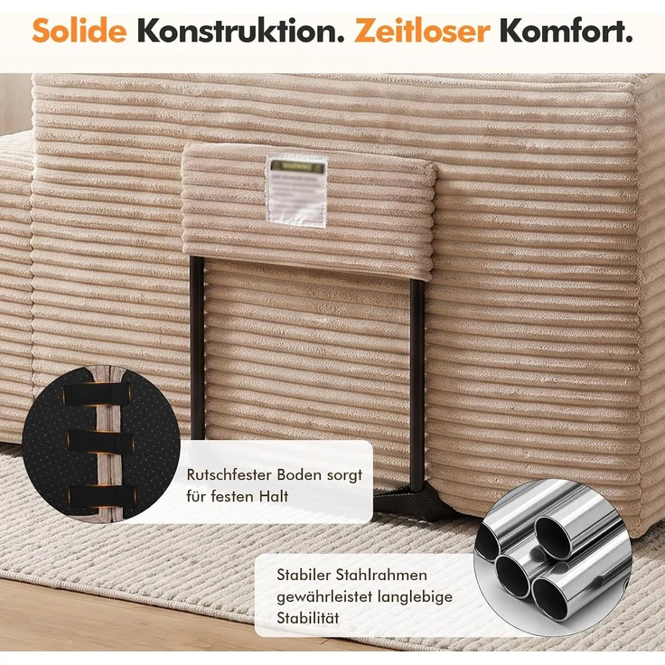 COMHOMA Ecksofa mit Schlaffunktion, 255cm Corduroy Modulares Boneless Couch mit Chaiselongue & Rücken-Metallgestell, L-Form Schlafsofa mit offenem Design, Kissen & Seitentaschen,für Wohnzimmer, Beige-R – Bild 5