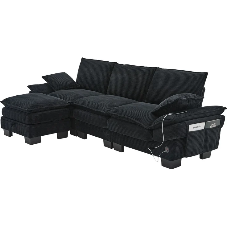 DESVIAE Sofa 3-Sitzer mit Hocker, 260x84x132 cm, Corduroy, Schwarz, mit USB-C-Anschluss und Stauraum – Bild 7
