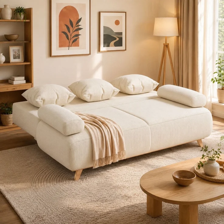 DESVIAE Schlafsofa Beige aus Holz – 193x60x80 cm – Bettfunktion, Stauraum – Bild 1