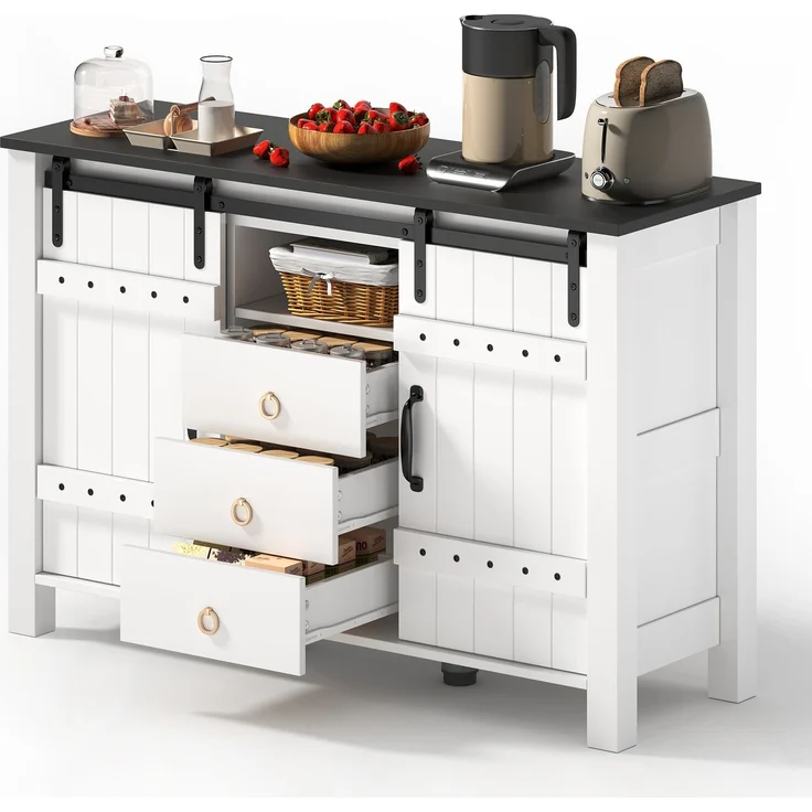 Merax 120 cm Buffetschrank mit Stauraum, Seitenschrank mit Schiebetüren und 3 Schubladen, rustikaler Holz-Kaffeebar-Buffettisch, weiß – Bild 10