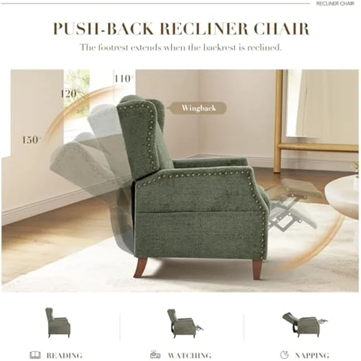 COLAMY Wingback Sessel mit Pushback-Funktion, Moderner Bezugsstoff Sessel fürs Wohnzimmer mit Seitentasche und Nagelkopf-Akzenten, Grün – Bild 5
