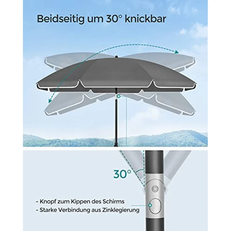 SONGMICS Sonnenschirm 160 cm, Sonnenschutz, UPF 50+, Strandschirm, beidseitig um 30° knickbar, höhenverstellbar, mit Tragetasche, für Balkon, Garten, Terrasse, Strand, ohne Ständer, grau GPU060G01 – Bild 4