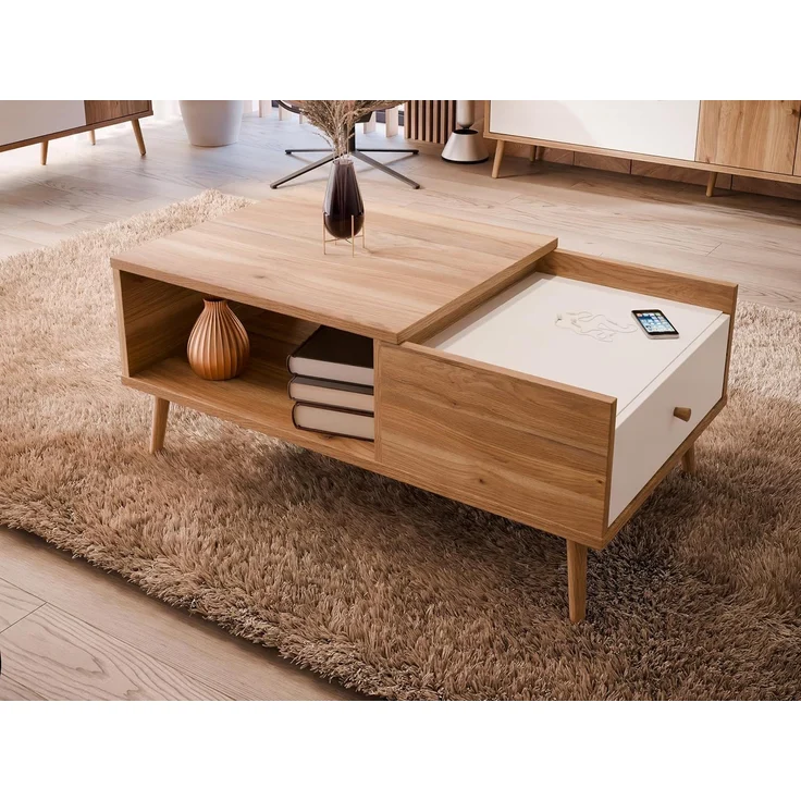 Forte HARLLSON, einfache Montage Dank EasyKlix by Couchtisch Holzdekor: Mauvella Eiche mit Weiß, Wohnzimmertisch mit Schublade, Modern Mid Century Stil, 106 cm breit x 45 cm hoch x 60 cm tief – Bild 1