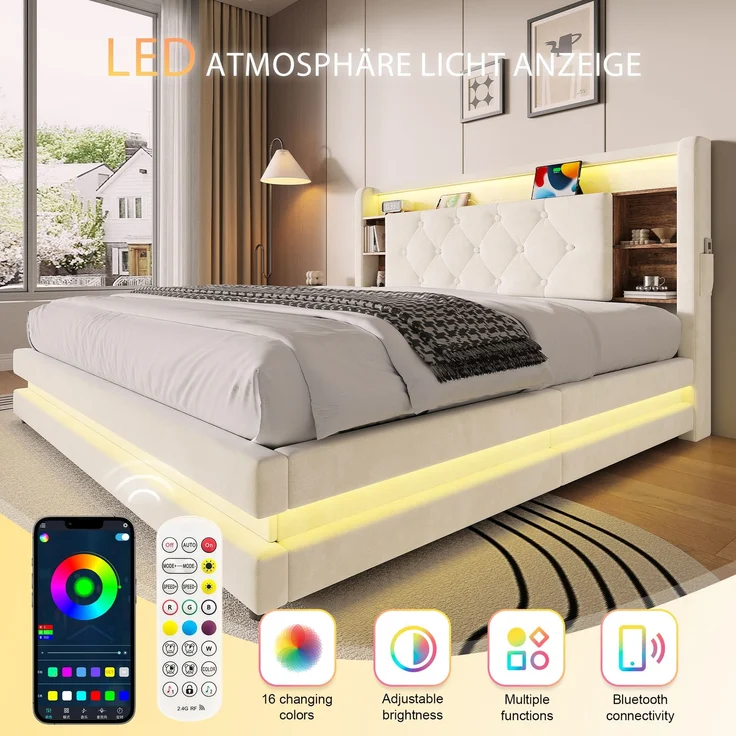 TavilaEcon Boxspringbett Samtbett, Polsterbett mit LED-Beleuchtung & USB-Ladefunktion beige Liegefläche 140 × 200 cm – Bild 3