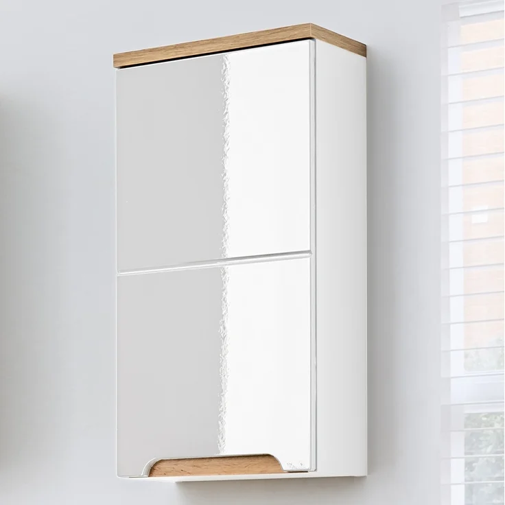Badezimmer Hängeschrank SOLNA-56, Hochglanz weiß mit Wotaneiche, B x H x T ca. 35 x 70 x 20cm – Bild 2