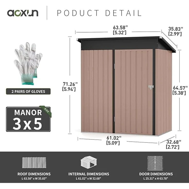 Aoxun Gerätehaus Metall 150x91x185cm, Geräteschuppen, Pultdach mit Belüftungslöcher Abschließbarer Tür für Outdoor Garten Schuppen,Braun – Bild 4