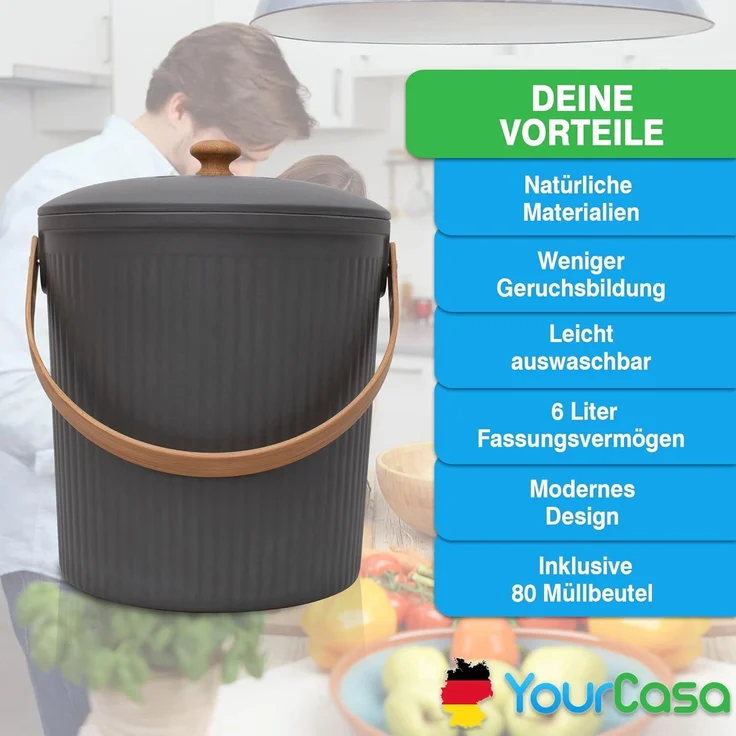 YourCasa Biomülleimer YourCasa® Komposteimer Küche - 6L - Abwaschbarer Biomülleimer & Deckel, Fassungsvermögen 6L – Bild 7