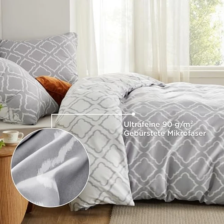 BEDSURE Bettwäsche 155x220 3teilig Bettbezug - Bettwäsche-Sets 155x220 cm mit 2 Kissenbezüge 80x80 cm, Bettwäsche Set Muster Grau Gitter für Einzelbett mit Reißverschluss – Bild 4