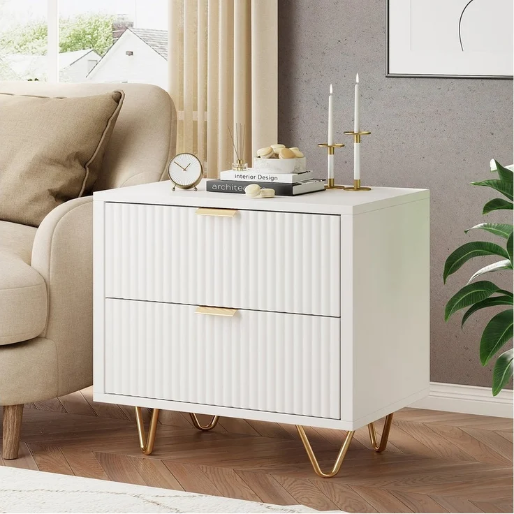FUROKOY Nachttisch 2er set Nachtschrank mit Schubladen, Beistelltisch mit Metallbeine (Weiß Sofatisch Beistelltisch mit 2 Schubladen), Schubladenschrank für Schlafzimmer Flur Wohnzimmer, 40 x 40 x 55 cm – Bild 3