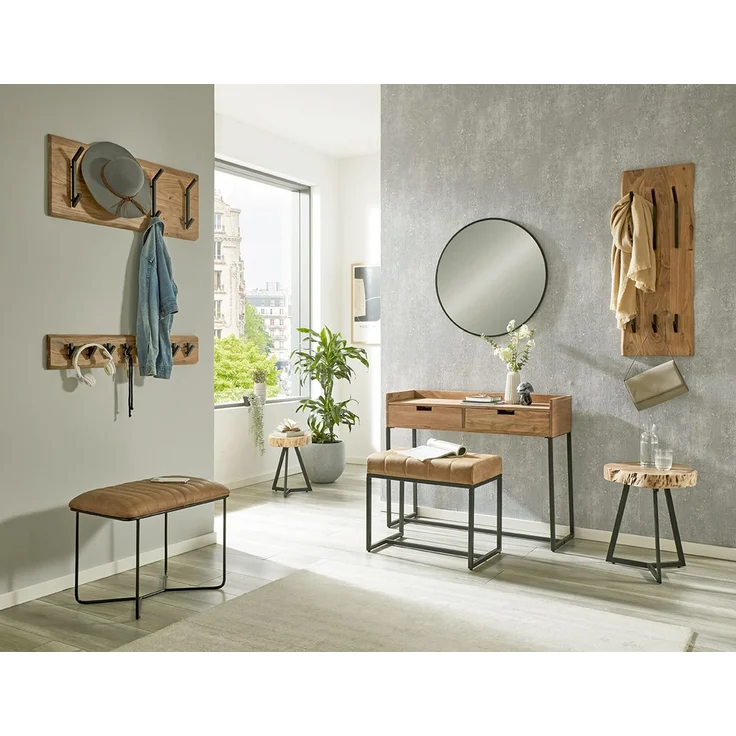 Haku Wandgarderobe aus Akazie Massivholz mit 8 Metallhaken schwarz pulverbeschichtet, Baumkante, 36x12x100 cm – Bild 3