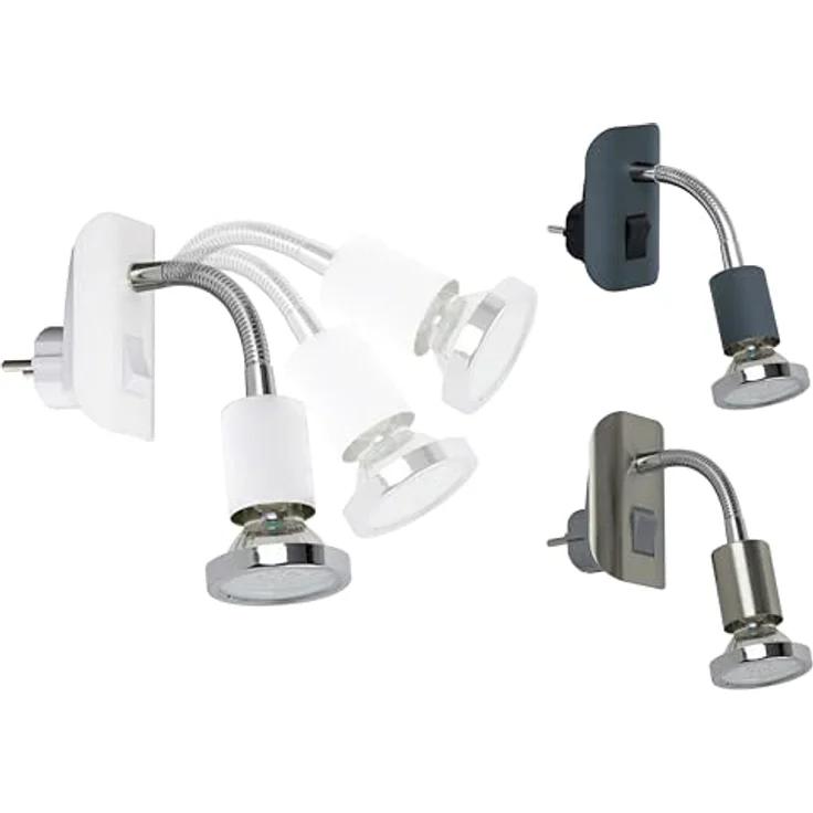 TRANGO LED Steckdosenleuchte, 11-056 Steckerleuchte in Weiß matt Steckerlicht *FLEXI* Nachtlicht inkl. je 1x GU10 3000K warmweiß LED Leuchtmittel Chrom Ring, ON/OFF Schalter Leselampe, Wandlampe, Küchenlampe – Bild 2