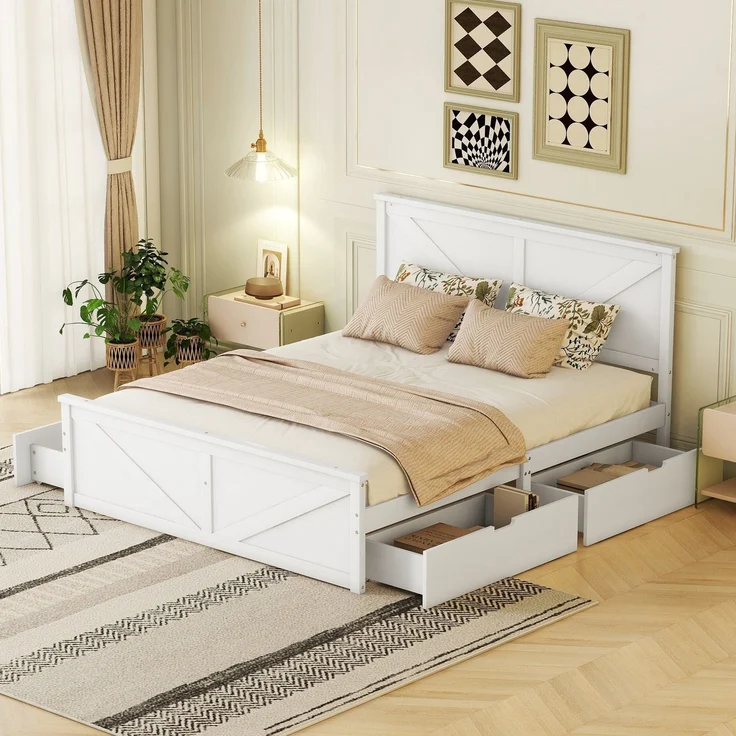 Massivholzbett, 160x200 cm, Doppelbett mit Lattenrost, Kopfteil und 4 Schubladen, Holzbett aus Kiefer – Bild 1