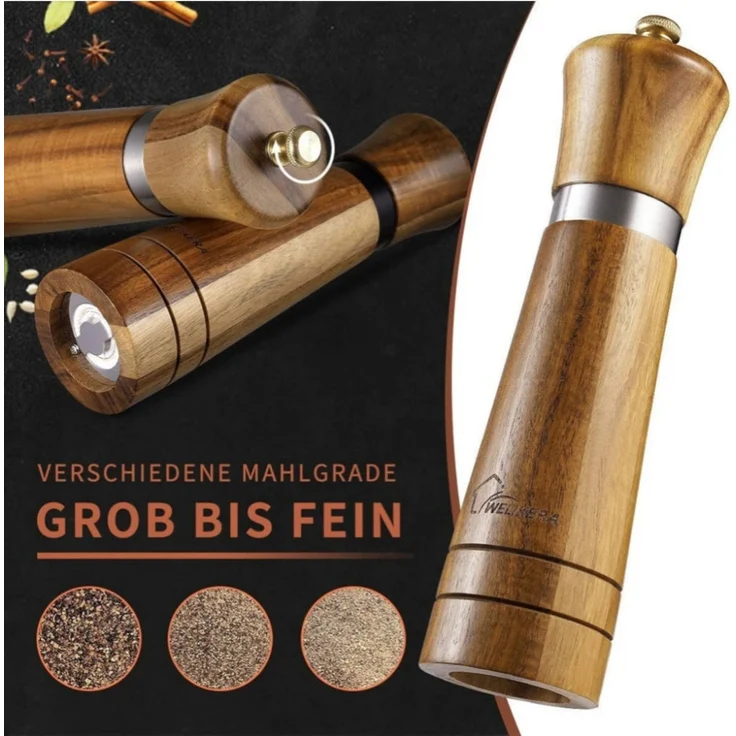 DELIPOP – Salz und Pfeffermühle Holz, 22cm Manuelle Gewürzmühle 2er Set mit verstellbarem Keramikmahlwerk und untersetzer - 5,5x5,5x22cm - Braun – Bild 4