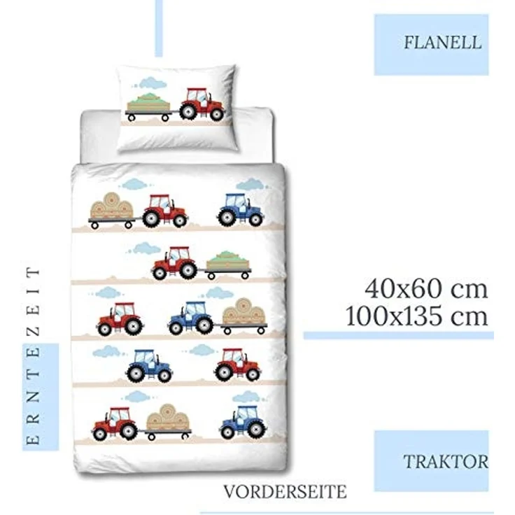 MTOnlinehandel Babybettwäsche Traktor 100x135 + 40x60 cm, 100 % Baumwolle, Biber, 2 teilig, soft und kuschelweich für Babys und Kleinkinder – Bild 3
