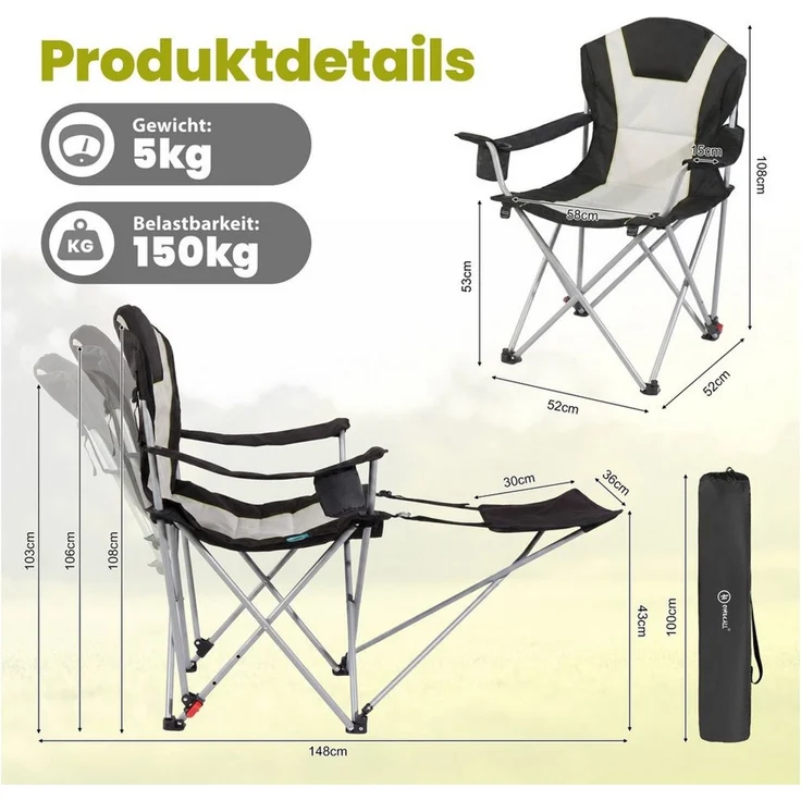 HOMECALL Campingstuhl mit fußstütze Klappstuhl Angelstuhl Faltbar gepolstert gartenstuhl (2-in-1-Funktion gartenstuhl klappbar campingstuhl mit fußablage), 3 fach Verstellbare Rückenlehne – Bild 2