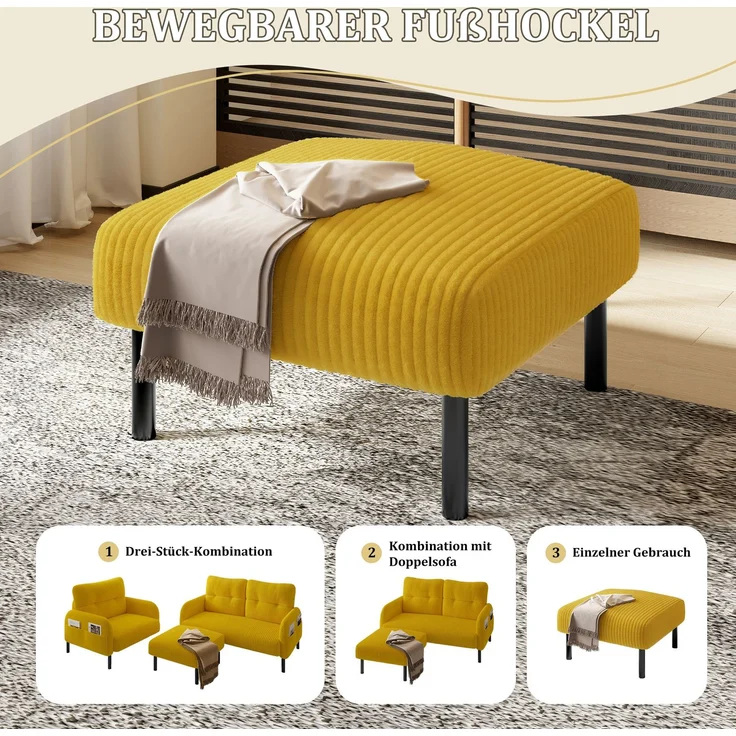 DESVIAE Hocker gepolstert mit Metallgestell 56x51x39 cm Cordstoff Gelb – Bild 5