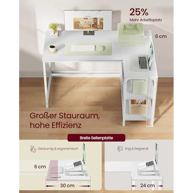 VASAGLE Eckschreibtisch in L-Form, Computertisch mit Stauraum, Bürotisch, höhenverstellbare Ablage, für Homeoffice, 110x80 cm, ahornweiß LWD135WF01 – Bild 5