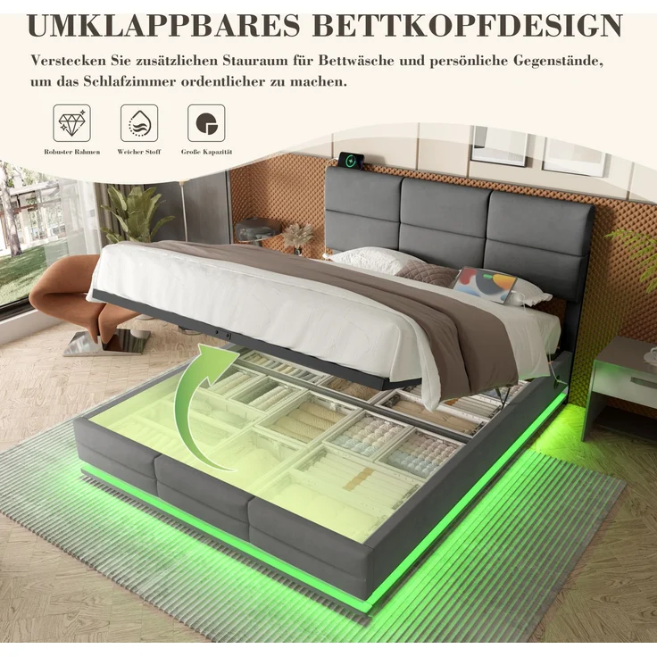 Boxspringbett Samt Grau Höhenverstellbar 160x200 cm mit LED Beleuchtung USB Anschluss Hydraulik Stauraum Kopfteil Doppelbett – Bild 8