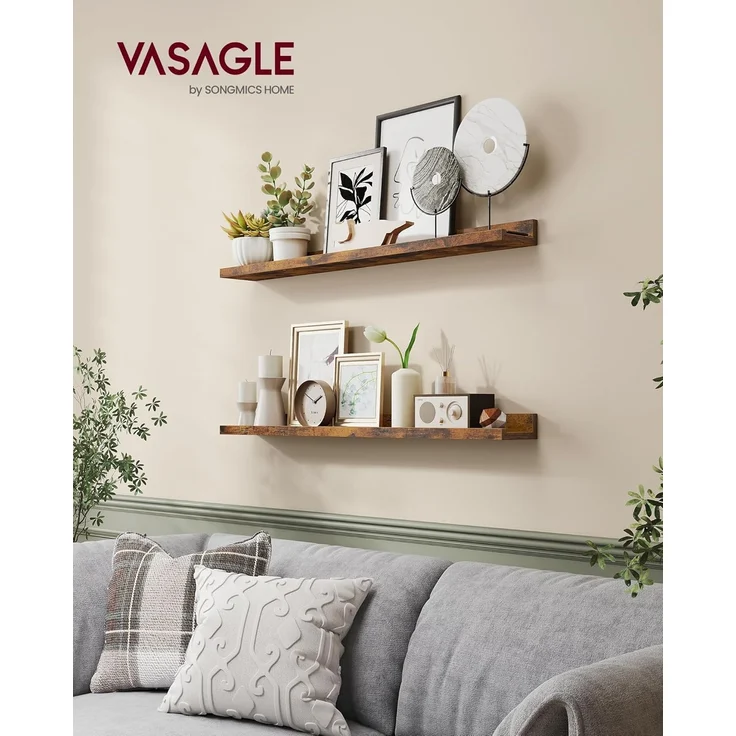 VASAGLE Wandregale, 2er Set, Schweberegale, Breite 80 cm, erhöhte Vorderkante, für Bilderrahmen, Dekoartikel, Gewürzgläser, für Küche, Wohnzimmer, vintagebraun – Bild 2