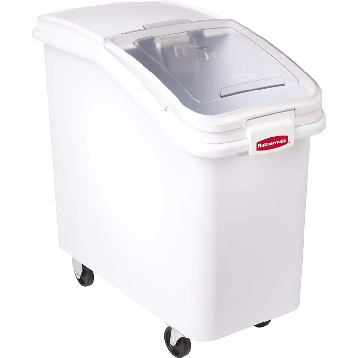 Rubbermaid Vorratsystem weiß 99 L, verschließbare Box inklusive Schiebedeckel und Spaten, auf Rollen, robust