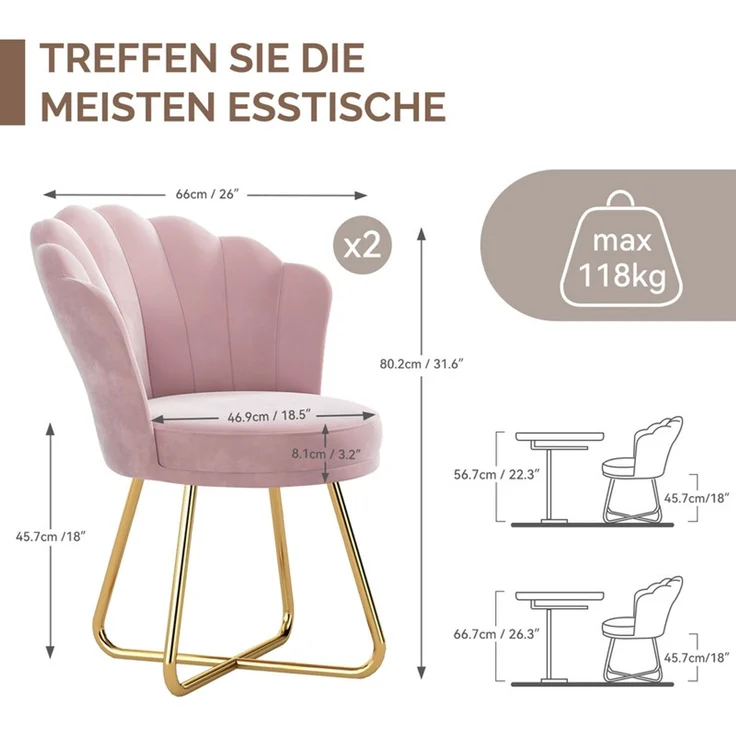 Hawthyhome Polsterstuhl Polstersessel 2er Set mit Blütenblatt-Rückenlehne, goldenen Metallbeinen, ergonomischer hoher Rückenlehne mit Kopfstütze, Wasserfall-Sitzkissen, SGS-zertifiziert & bis 150 kg belastbar, ideal für Esszimmer, Schminktisch & Wohnzi... – Bild 2
