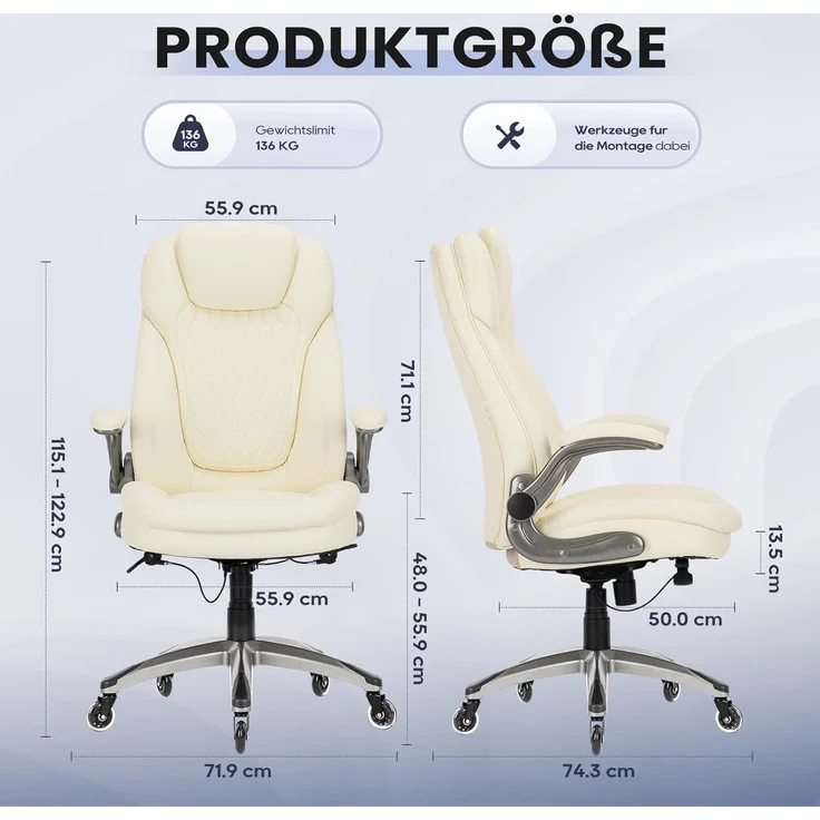 COLAMY Hochlehner Chefsessel aus Leder, Ergonomischer Bürostuhl mit Flip-up-Armlehnen & höhenverstellbar - Office Chair mit leisen Rollen für Homeoffice und Büro, Elfenbein – Bild 3