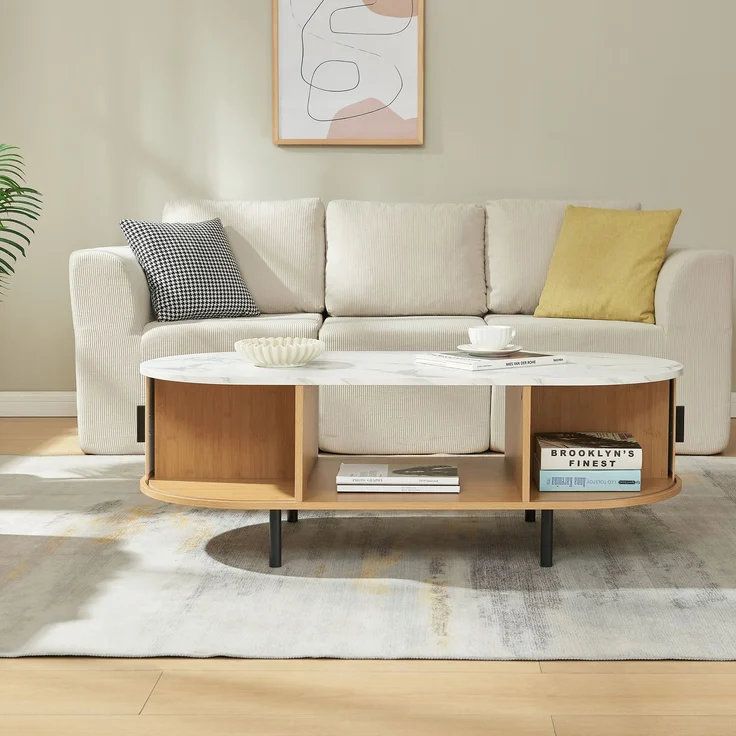 Couchtisch Tvedestrand 120x55x40 cm Bambus Marmorweiß/Natur [en. casa] – Bild 2